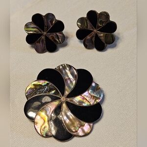 Vintage Alpaca Sterling Silver Onyx Abalone Shell Pinwheel Brooch and Earrings